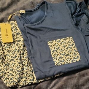 EKOUAER Blue Pajama Set with Leaf Print